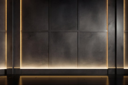 A living space wall, adorned with modern panels, bathes in the soft glow of yellow light, exuding minimalistic elegance, Generative AIの素材