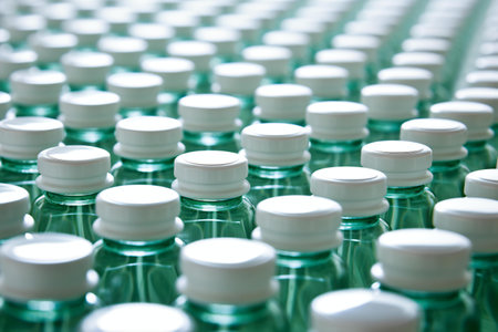 Rows of medical bottles, molded from green plastic and sealed with white caps, stand in perfect alignment, a testament to the precision and efficiency of factory production, Generative AIの素材