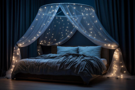 A luxurious bed, crowned with a regal canopy, beckons with its plush bedding and intricate design, offering a sanctuary of rest and opulence, Generative AIの素材