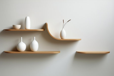 A contemporary interior wall adorned with curved wooden shelves, contrasting beautifully against a white backdrop, Generative AIの素材