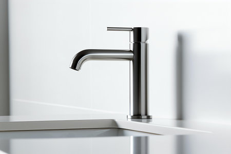 A gleaming silver water tap, its design perfect for modern kitchens or bathrooms, Generative AIの素材