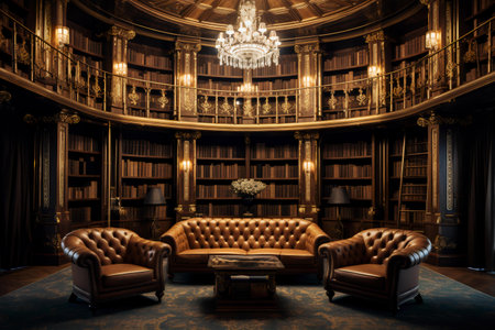 An expansive library exudes luxury, with its rows of books and plush leather seating arrangements, inviting readers to immerse themselves in a world of knowledge and comfort, Generative AIの素材
