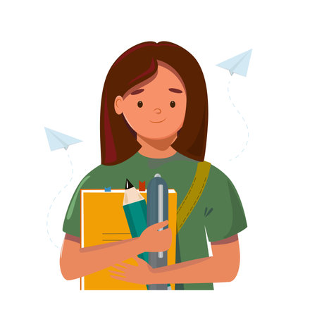A schoolgirl with a pencil, pen and notebook on a white background. Vector graphics, studyのイラスト素材
