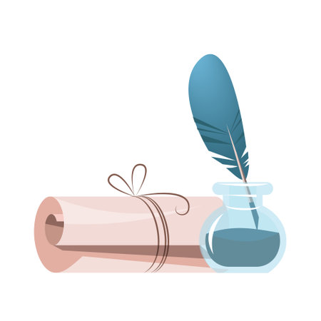 A scroll of parchment and an inkwell with a pen, vector graphics isolated on a white backgroundのイラスト素材