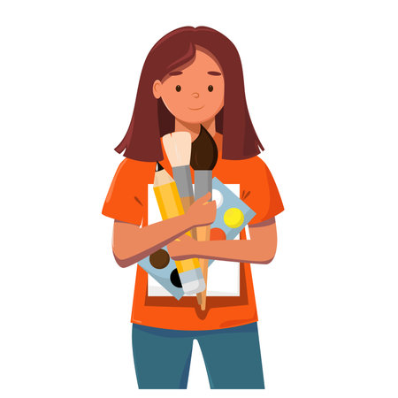 A girl with paints and brushes, an artist, diligence, drawing. Vector graphics isolated on a white background, flat styleのイラスト素材