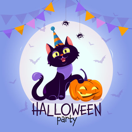 Invitation to a Halloween party with a pumpkin on a blue background, vector graphicsのイラスト素材