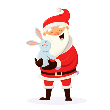 Cartoon Santa with a rabbit in his arms, Christmas illustration, postcardのイラスト素材