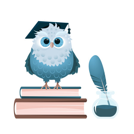 Owl on a book with an inkwell and a pen in blue tones, vector graphics isolated on a white backgroundのイラスト素材