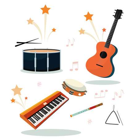 Musical instruments vector graphics. Guitar, keyboards, drum, flute, tambourine, triangle. Stars, notes. On a white backgroundのイラスト素材