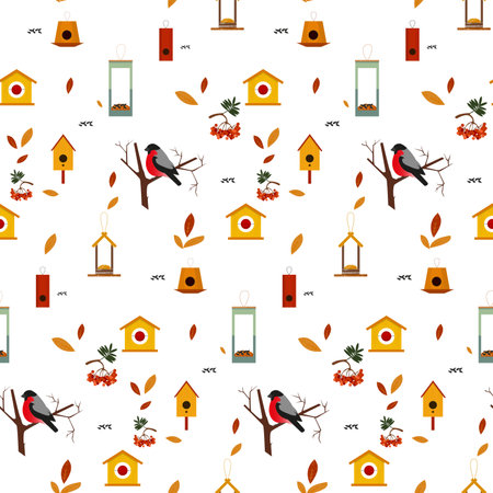 Pattern with birds, feeders and birdhousesのイラスト素材