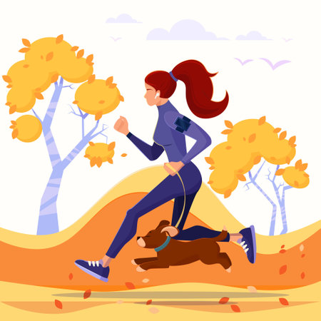 Young woman jogging in autumn park. Vector illustration in flat styleのイラスト素材