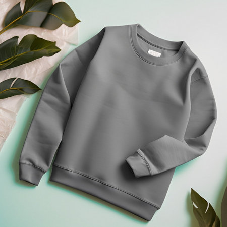 Gray sweatshirt mockup with leaves on pastel background, top viewの素材