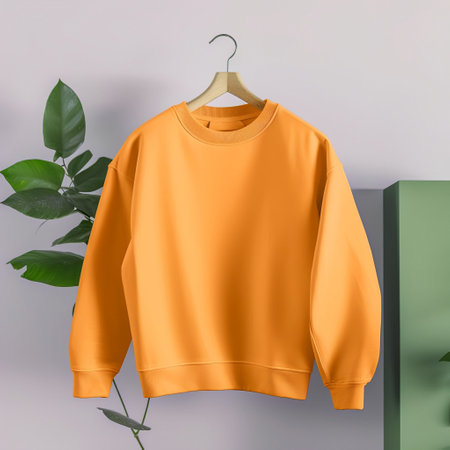 Orange t-shirt on a hanger in the room. 3d renderingの素材