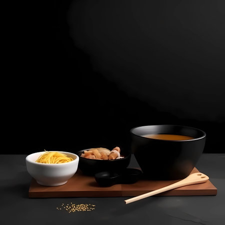Japanese ramen soup in black bowl with chopsticks on black backgroundの素材