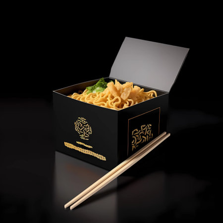 Noodles in a box with chopsticks on a black backgroundの素材