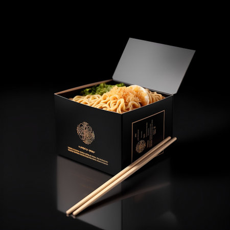 Japanese noodles in a box with chopsticks on a black background.の素材