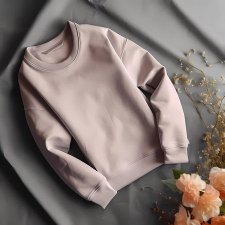 Stylish female sweatshirt and flowers on gray background, top viewの素材