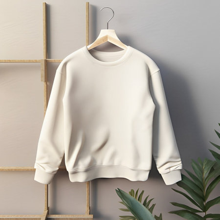 Blank white sweatshirt hanging on wooden hanger, 3d renderの素材