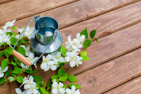Farm milk. Lid for milk. On a wooden background. Natural healthy eating concept. Farm Food Items. Floral background. Place for text.の写真素材