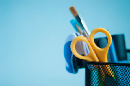 School supplies in an organizer for pencils and pens. Back to school. Place for your text. Stationery.の写真素材