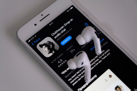 Moscow, Russia, 20 february 2021: Clubhouse drop in audio chat application view on the smartphone. Audio chat.のeditorial素材