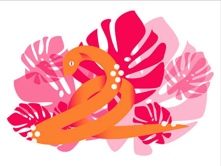 Beautiful tropical illuatration with vintage flower background with snakes. Illustration of a graceful tropical snake in tropical pink leaves.のイラスト素材