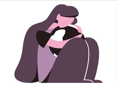 Girl sitting and hugging planet and thinking about future of Earth. Flat concept vector illustration for web page, flyer, poster, banner, presentation, brown.のイラスト素材