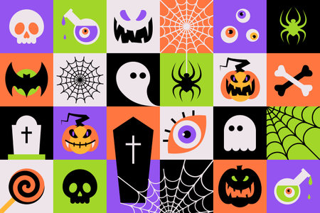 Cute spooky Halloween icons set. Horror Holiday design conceptのイラスト素材