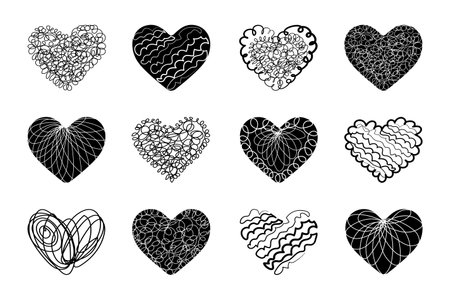 Set of black hand drawn hearts for Valentine's Day. Doodle line style. Collection of isolated vector design elements.のイラスト素材