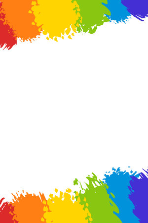 Rainbow painted colorful splashes on white background. Bright color spray paints explosion. Space for text with stains border. Vector creative design template for Holi festival poster banner.のイラスト素材