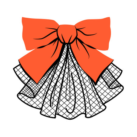 Coquette red bow with black mesh fabric isolated on transparent background. Trendy hair braiding accessory. Hand drawn vector illustration.のイラスト素材