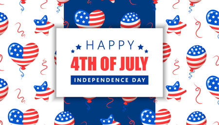Independence Day of the United States of America banner with striped and starry USA balloons, in colors of american national flag. Vector illustration. Design template for the 4th of July celebrationのイラスト素材