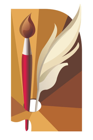 Art materials for artists - palette, brush, feather isolated on a white backgroundのイラスト素材