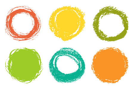 Set of chalk hand drawn circles and splashes, round design elements isolated on white background. Abstract freehand bright spots. Vector round shapes for blank stamp, seal, frame, grunge background.のイラスト素材