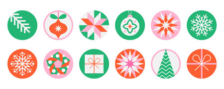 Set of 12 festive holiday icons in circles. Christmas and New Year design elementsのイラスト素材