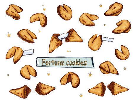 Chinese fortune cookies vector hand drawn set. Crisp cookie with a blank piece of paper insideのイラスト素材
