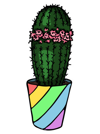 Cute hand drawn cactus illustration. Houseplant in a pot clipart. Cozy home doodle.のイラスト素材