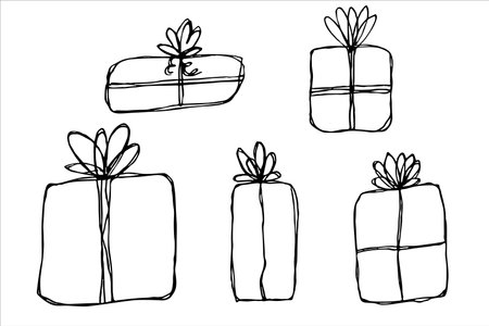 Hand drawn gift illustration. Birthday present clipart. Holiday doodle setのイラスト素材