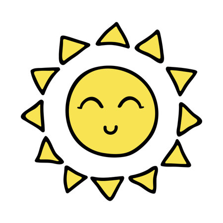 Hand drawn happy sun emoji. Summer doodle. Single vector element for designのイラスト素材