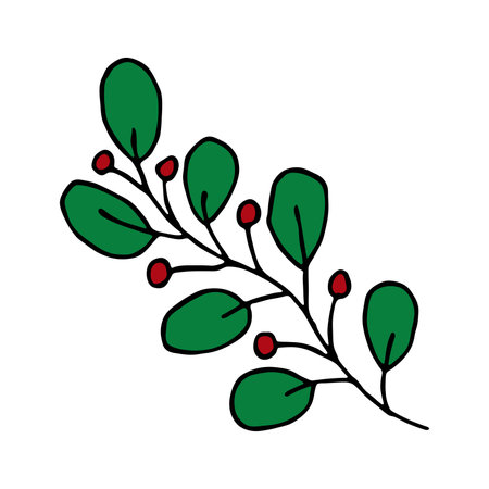 Hand drawn branch with berries and leaves. Christmas doodle. Winter clipart. Single design elementのイラスト素材