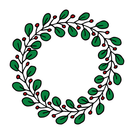 Hand drawn frame of branch with berries and leaves. Christmas swreath doodle. Winter clipart.のイラスト素材