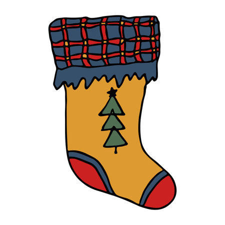 Hand drawn sock for Christmas gifts. Hanging sock doodle. Winter single design elementのイラスト素材