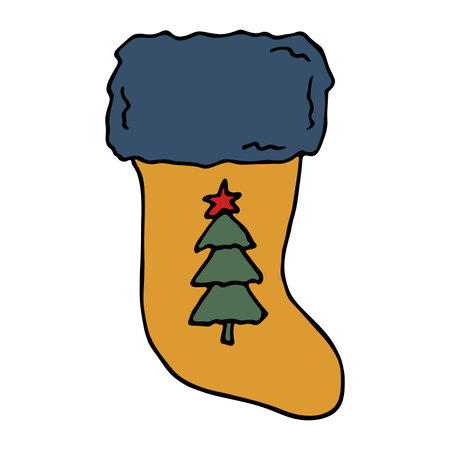 Hand drawn sock for Christmas gifts. Hanging sock doodle. Winter single design elementのイラスト素材