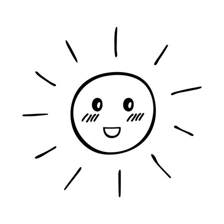 Hand drawn happy sun emoji. Summer doodle. Single vector element for designのイラスト素材