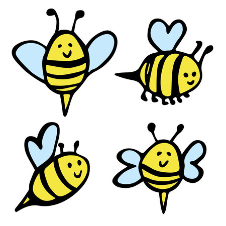 Hand drawn happy bees clipart. Cute honeybee doodle set. For print, web, design, decor, logo.のイラスト素材