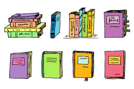 Vector book clipart set. Hand drawn school illustration. For print, web, design, decor, logo.のイラスト素材