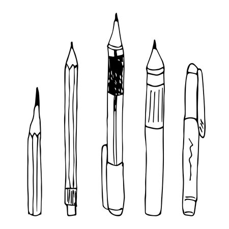 Vector pen and pencil clipart set. Hand drawn office supplies illustrationのイラスト素材