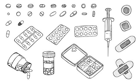 Vector sketch set of pills blister package, syringe and band aid. Hand drawn medical clipartのイラスト素材