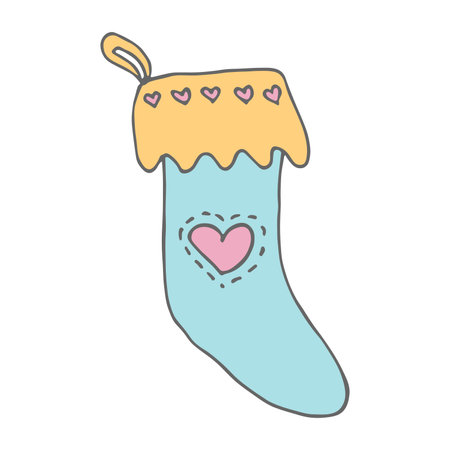 Hand drawn sock for Christmas gifts. Hanging sock doodle. Winter single design elementのイラスト素材