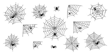 Simple set of hand drawn spider web illustration. Cute gossamer clipart. Halloween doodleのイラスト素材
